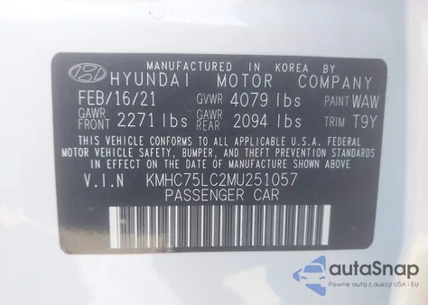 2021 Hyundai Ioniq Hybrid Se z USA, uszkodzony, nr VIN KMHC75LC2MU251057